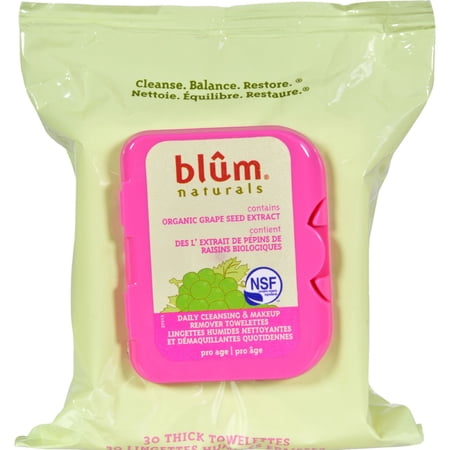 Blum Naturals Daily Cleansing and Makeup Remover Towelettes Pro Age - 30 Towelettes - Case of 3