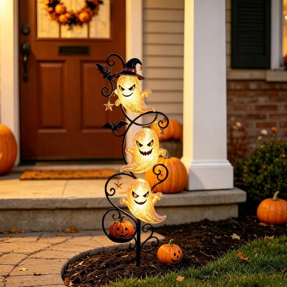 Halloween Glowing Ghost Garden Stake Light with 3 Illuminated Figures, Outdoor Metal Yard Decoration for Porch Pathway Entryway, 15.7 Inch
