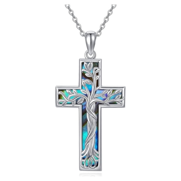 Coachuhhar Cross Necklace 925 Sterling Silver Tree of Life Necklace with Abalone Shell Pendant Necklace Cross Jewelry Gifts for Women Men