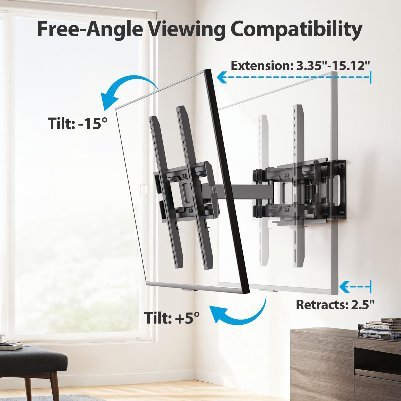 MountFTV Full Motion TV Wall Mount for 26-65 inch TVs Holds up to 110 lbs Swivels Tilts Extension Leveling, Max 400 x 400mm, Fits 8"/12/16" Wood Stud