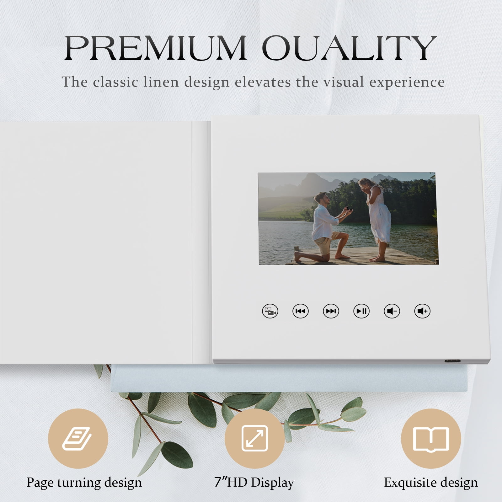 7" LCD Video Greeting Card Book – 4GB Blank Hard Cover, Auto-Play, 2.5H Playtime, 1500mAh Rechargeable, DIY White Cover