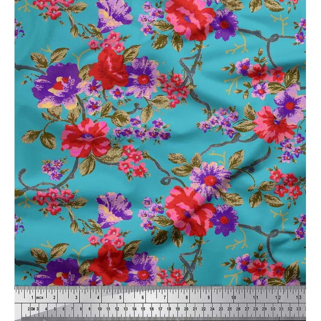 Soimoi Polyester Crepe Fabric Leaves & Floral Print Fabric by Yard 42 Inch Wide