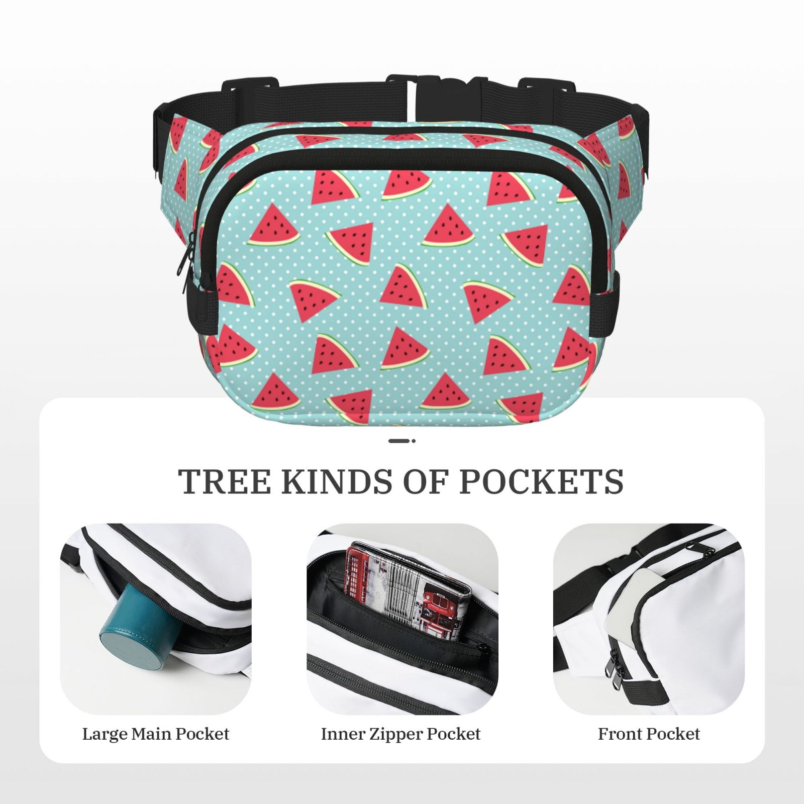 Picia Watermelon Print Square Double-Layer Waist Bag Mini Adjustable Waist Belt Bag Exercise Running Travel Hiking
