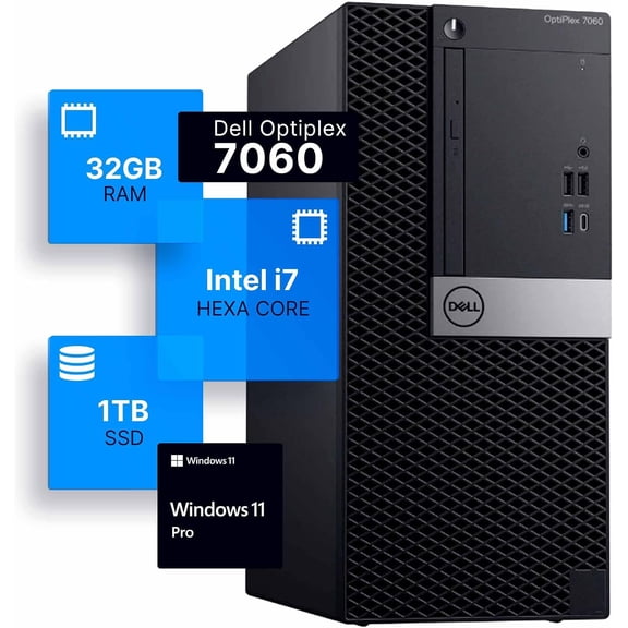 Restored Dell Desktop PC, Core i7-8700, 32G RAM, 1TB SSD, Windows 11 Pro