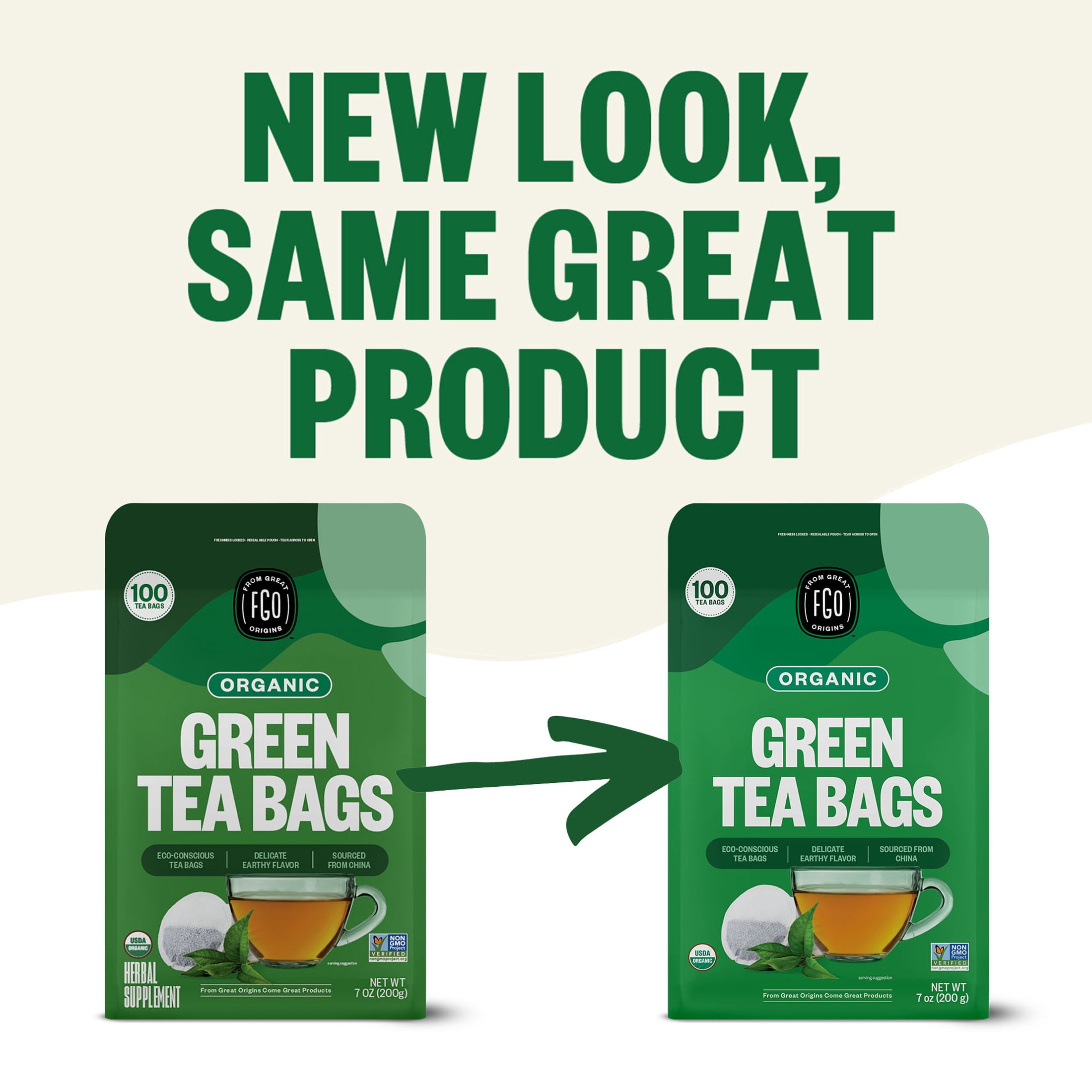 FGO Green Tea, Organic, Eco-Conscious Tea Bags (100 Count)