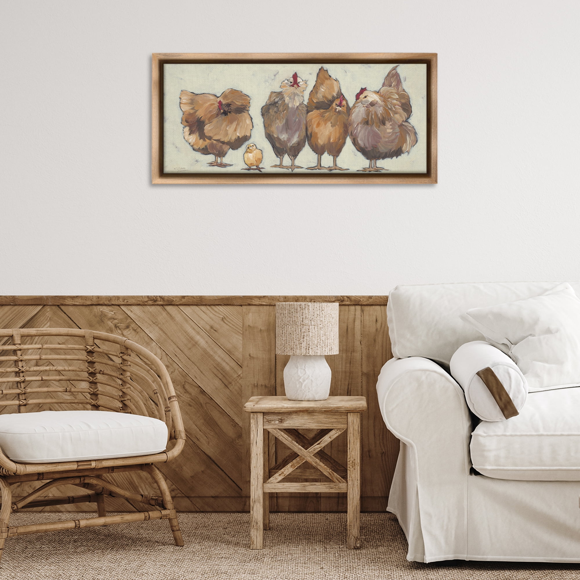 Stupell Industries Brown Hens and Chick Animals & Insects Painting Brown Floater Framed Canvas Art Print Wall Art, 31 x 14