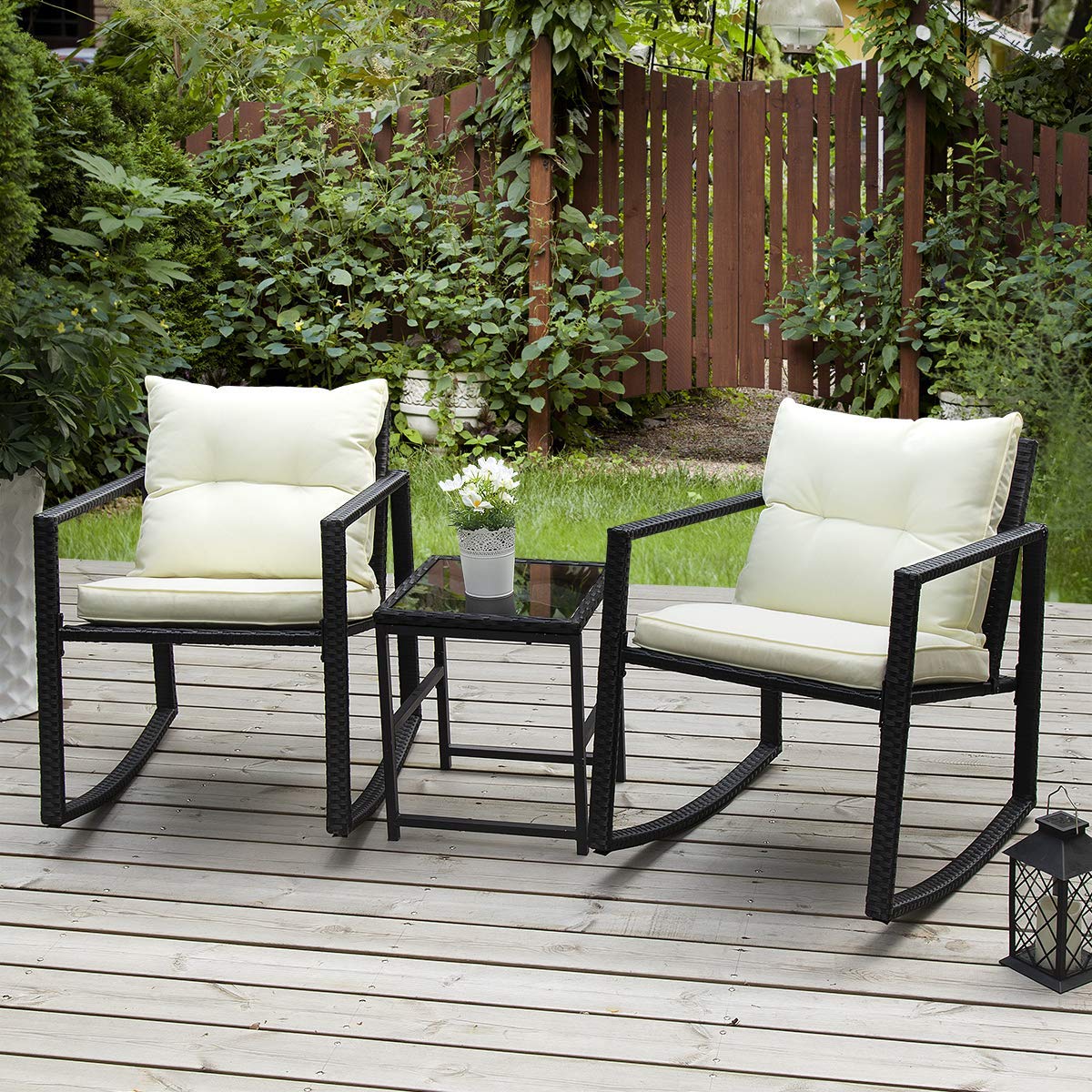 Pamapic Outdoor 3 Piece Porch Furniture Rocking Bistro Set Wicker Black Patio Furniture Sets Two Chairs With Glass Coffee Table Walmart Com Walmart Com