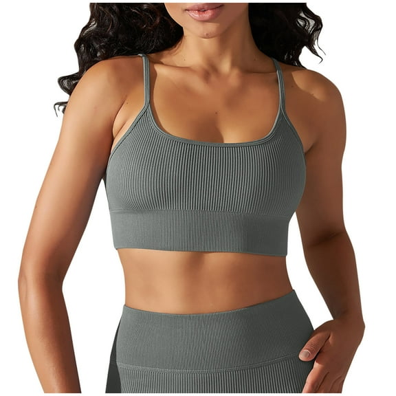 XFLWAM V Neck Strappy Sports Bras for Women Thin Spaghetti Strap Padded Bra Sexy Wireless Yoga Bra Crop Top Gray L