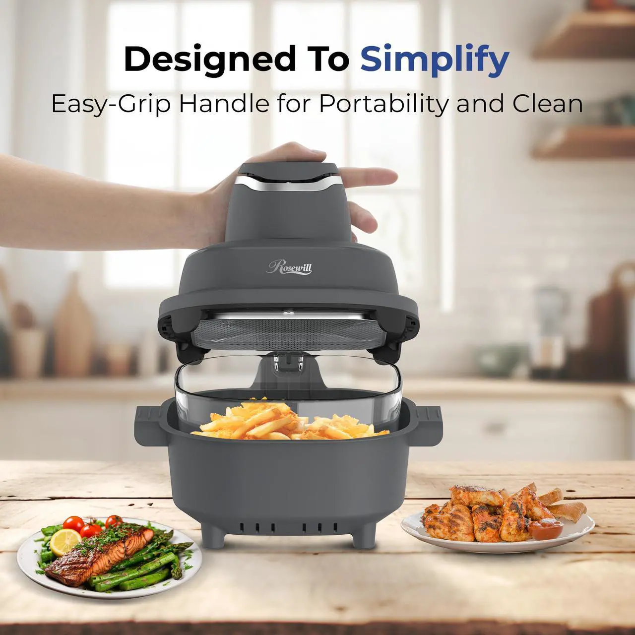 Rosewill 4-in-1 Portable Glass Air Fryer, 4.7QT Transparent Glass Cooking Pot with Storage Lid & Tongs, Compact Smart for Deep Roast, Recrisp, Keep Warm – Dark Grey