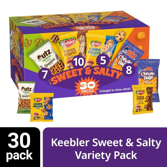 Keebler Sweet & Salty Variety Pack, 30-Count Box, Includes Keebler Chips Deluxe, Fudge Stripes, Utz mini Pretzels and Cheese Balls, 31 oz