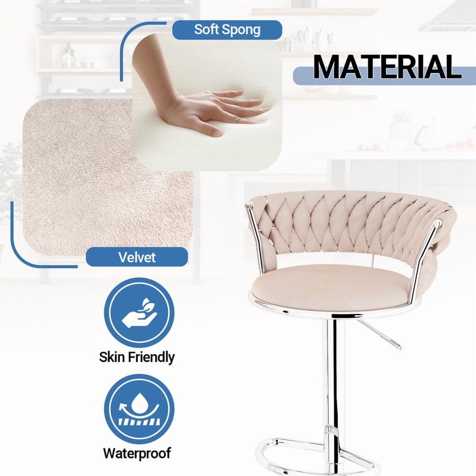 Baxluxe Velvet Bar Stool Set of 4, 360 Degree Swivel Bar Chair with Footrest & Backrest, 4 Pieces Adjustable Barstool Dining Chairs, Counter Height High Stool Pub Chair for Kitchen Island, Beige
