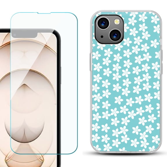 Slim-Fit Flexible TPU Gel Phone Case for iPhone 13, with Tempered Glass Screen Protector, by OneToughShield ® - Flower/Teal