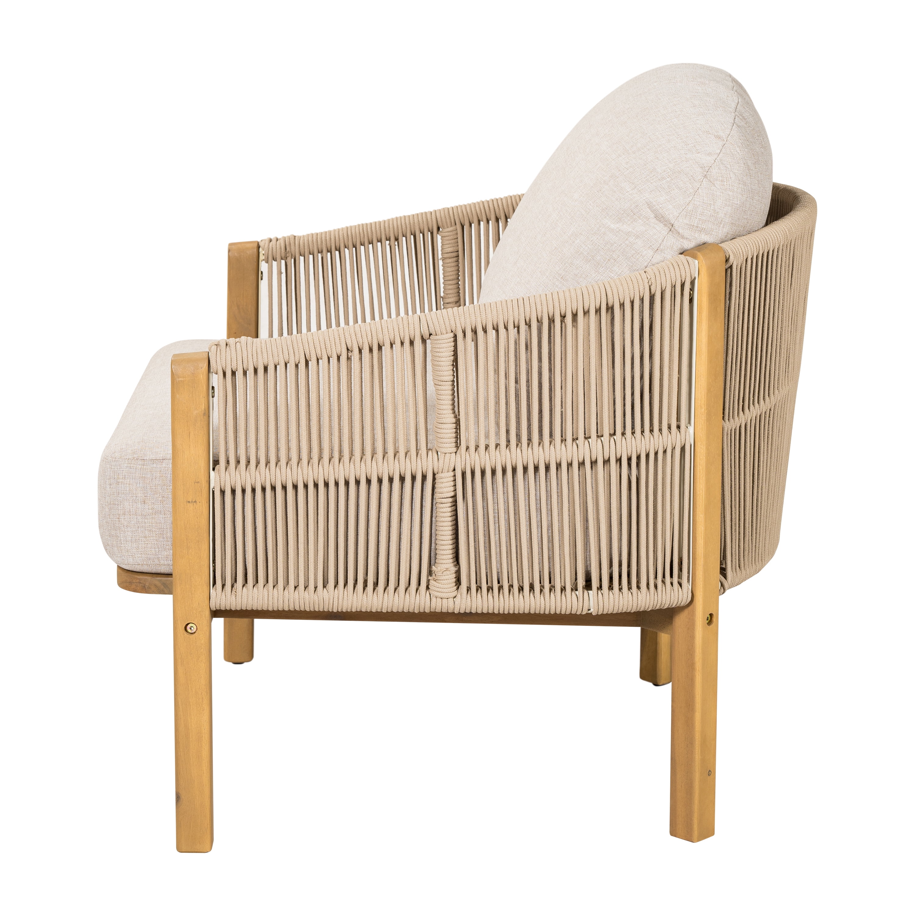 Outdoor Wood Frame Club Chair with Beige Rope and Beige Cushion for Patio Garden Deck, Teak