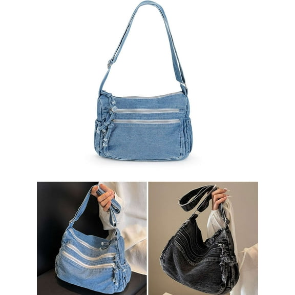 Luxtrada Large Denim Purses for Women Denim Shoulder Bag Crossbody Casual Retro Lightweight Tote Handbags (Blue)