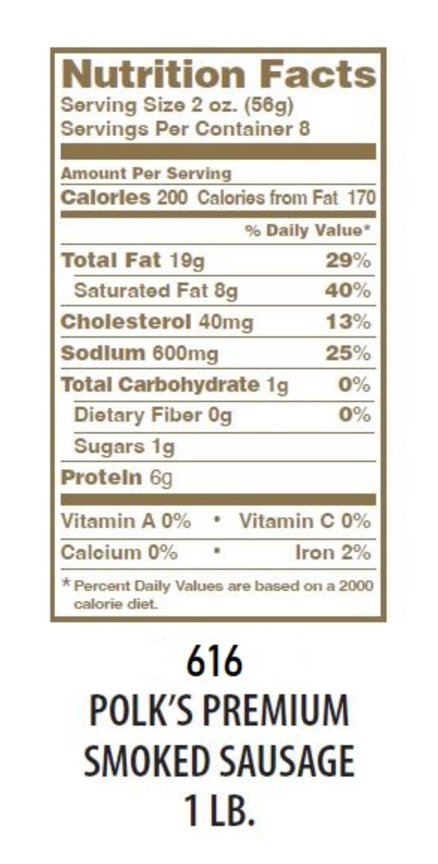 Polk's Premium Smoked Sausage, Made with Pork, Fully Cooked, Keep Refrigerated, 16 oz