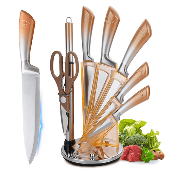 8 Pcs Stainless Steel Sharp Knife Set with Acrylic Block, Non-Stick Non-Rust Gradient Handle Design, Professional Chef Knives with Built-In Knife Sharpener (Silvery)