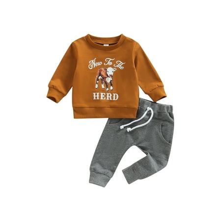 

Multitrust Baby Boys Pants Set Long Sleeve Bull Head/Cow/Fence Print Sweatshirt with Sweatpants Fall Outfit