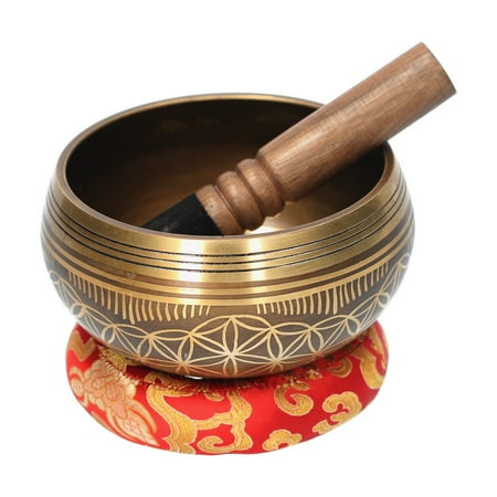 Bell Metal Singing Bowl Set with Mallet & Cushion Flower of Life Pattern Struck Bowl Tibetan Singing Bowl Buddhist Music Therapy Meditation Chanting Bowl 6.1 * 6.1 * 3.34in