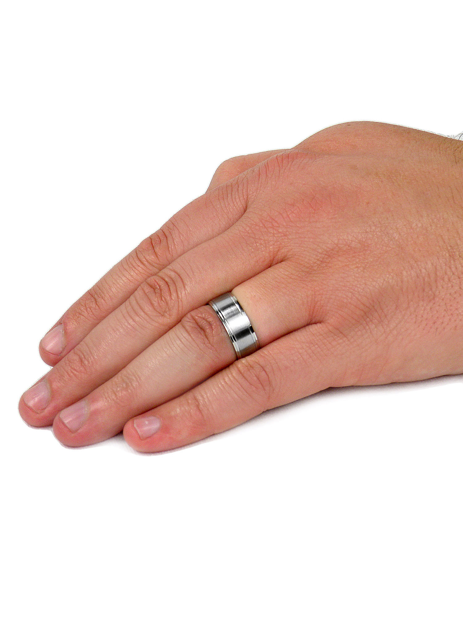 Crucible Jewelry Men's Brushed and Polished Grooved Edges Steel Ring (8mm)