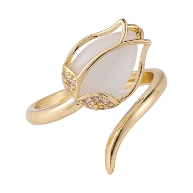 Anillo con flores abiertas, anillos N-Iche con diseño de ópalo y estilo T-Ulip