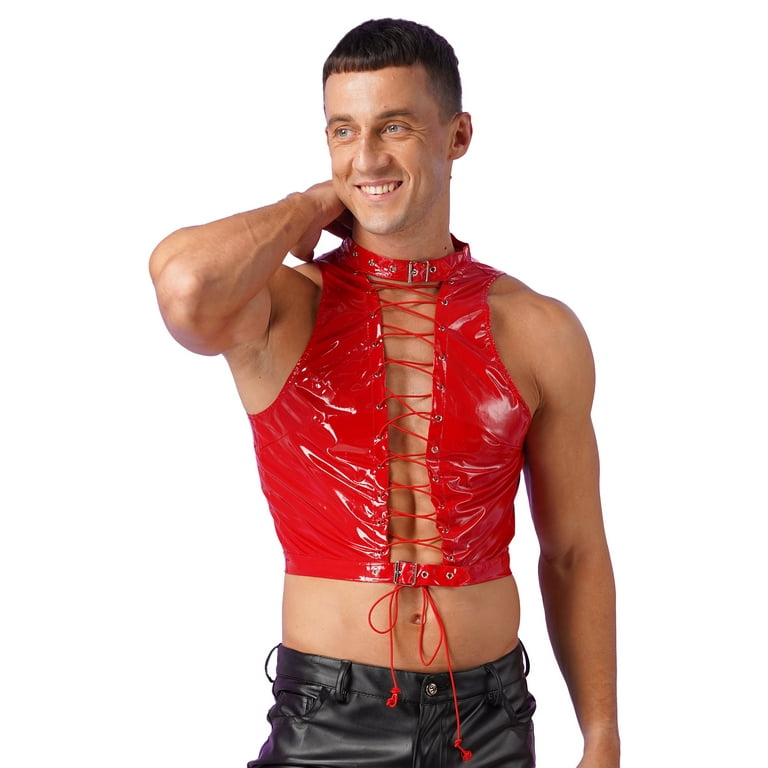 Yeahdor Mens Sleeveless Lace-Up Crop Top Wet Look Patent