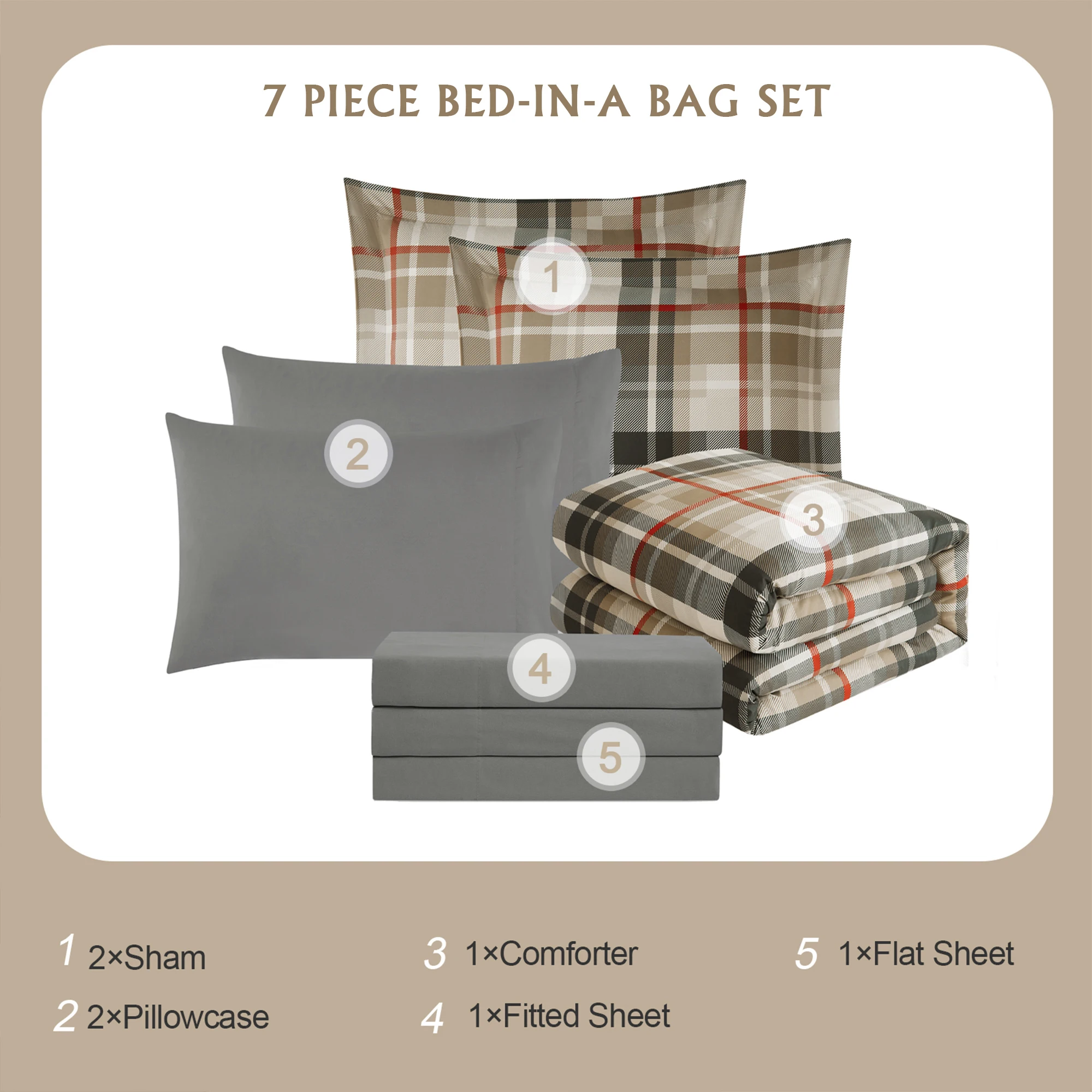 Amberspace Plaid Design 7-piece Bed in a Bag Comforter Set with Sheets,Khaki,Full