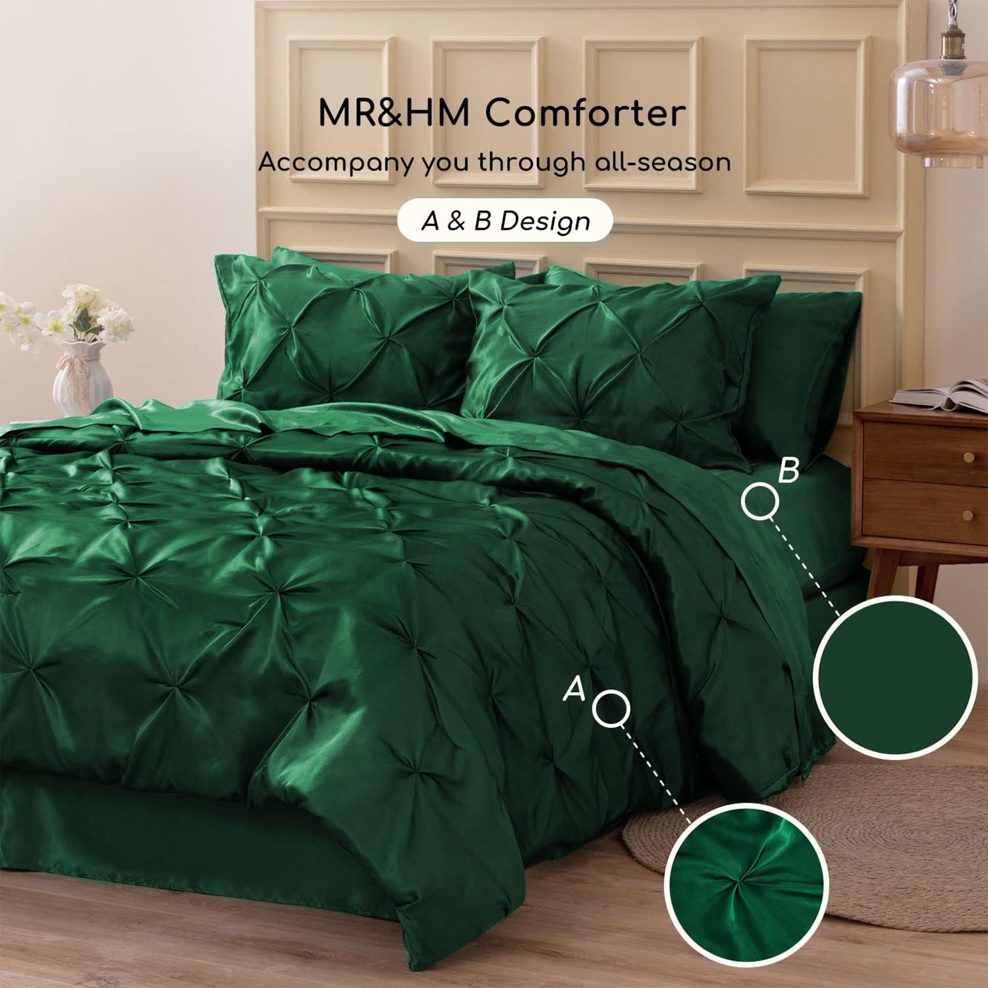 MR&HM Satin Comforter Set 7 Pieces Queen Size - Luxurious Pinch Pleat Bed in a Bag with Satin Comforter, Satin Sheets, Satin Pillowcases & Shams, Silky Soft Bedding Set for All Seasons (Dark Green)