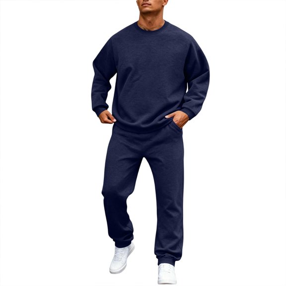 EANJE Men's 2 Piece Tracksuit Set Fashion Solid Color Tracksuits Crew Neck Long Sleeved Pullovers Casual Sport Jogger Trousers Navy M