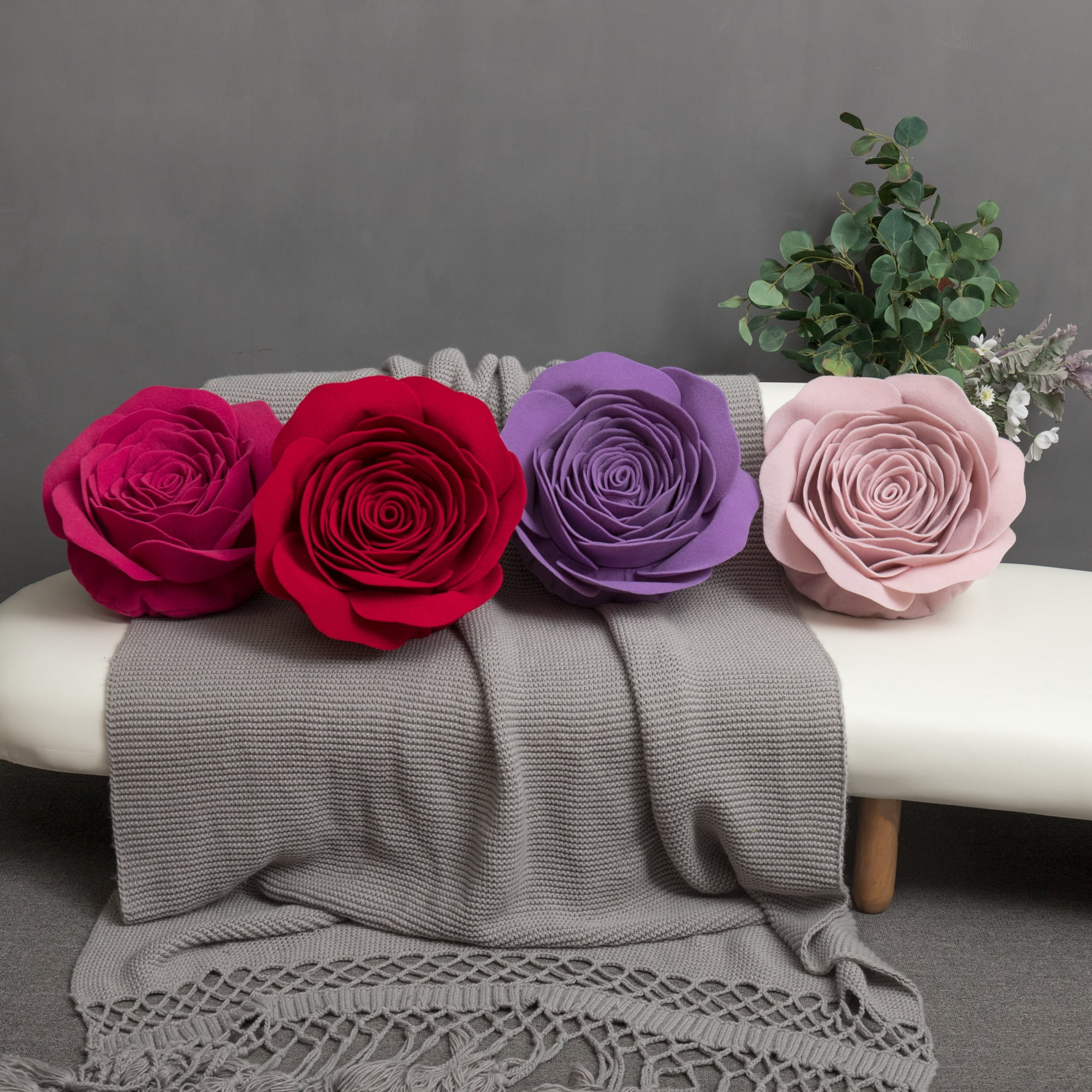 JWH 3D Round Decorative Handmade Valentine Flower Throw Pillow Covers with insert for Couch Bed Living Room Chair Bedroom 14 Inch Lilac