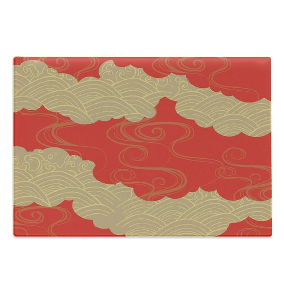 Japanese Cutting Board, Traditional Eastern Pattern with Wave Historical Folk Repetition Print, Decorative Tempered Glass Cutting and Serving Board, in 3 Sizes, by Ambesonne