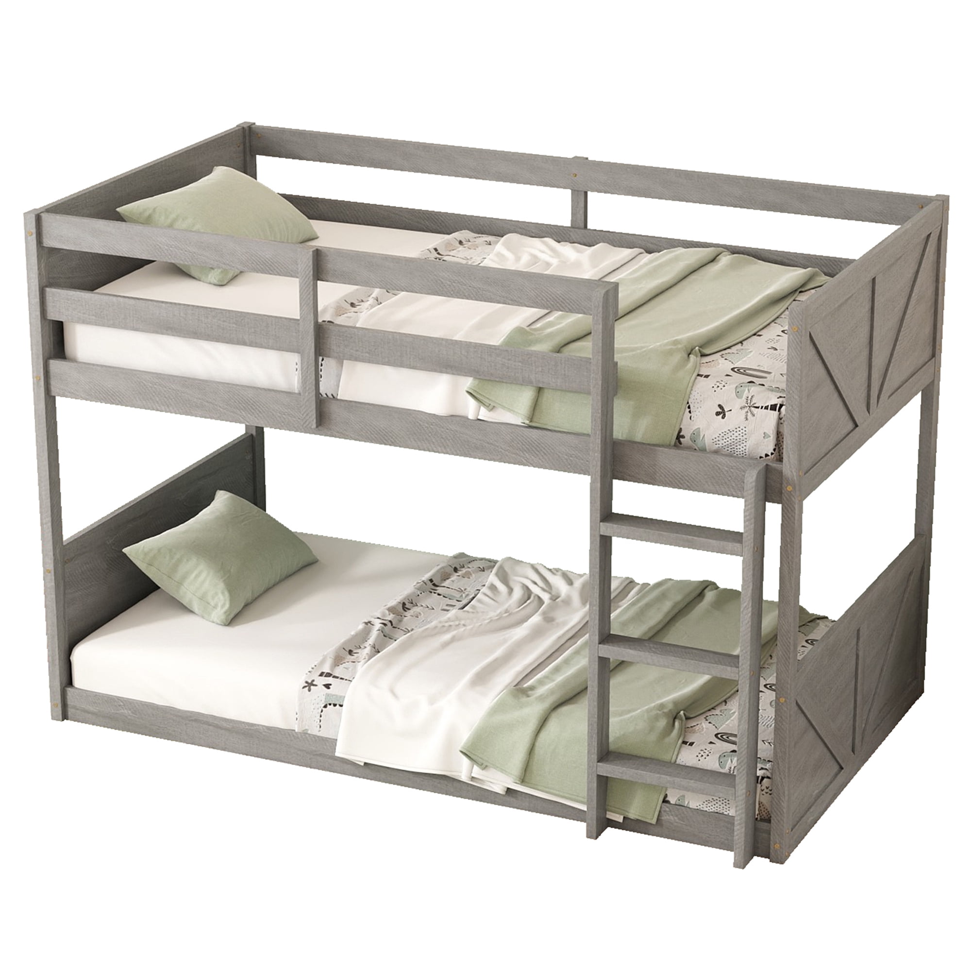 Sailvan Twin over Twin Floor Bunk Bed with Panelled Headboard, Solid Rubber Wood Foundation