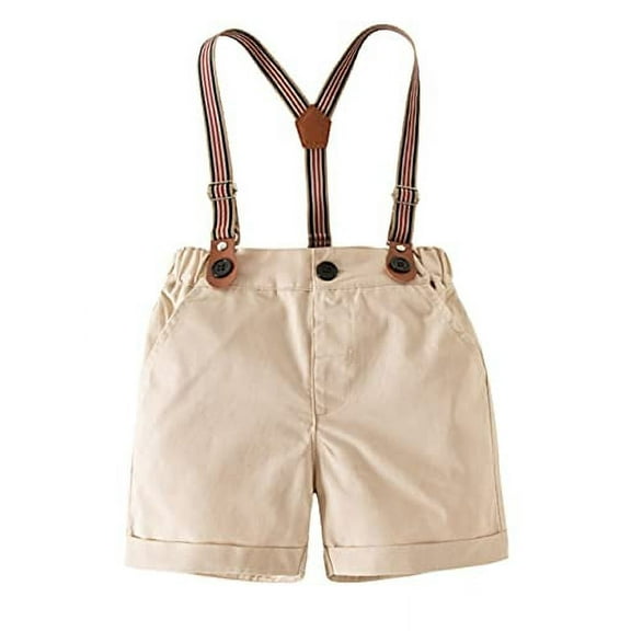 Styles I Love Toddler Little Boys Classic Cotton Chino Shorts with Stripe Suspenders for Everyday, Casual, Formal Wear and Special Occasions (Khaki, 100/18-24 Months)