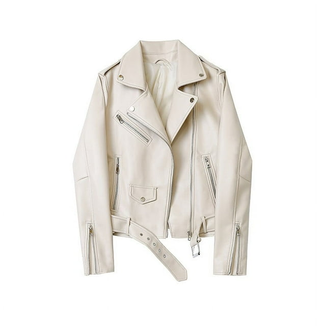 Spring and Autumn 2024 The new belt detachable epaulet motorcycle jacket leather jacket Rice white XL