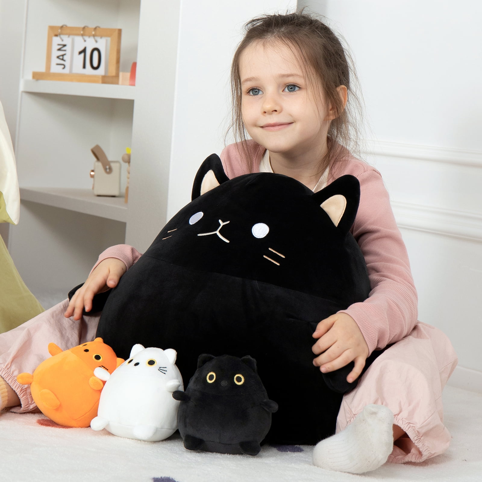 MorisMos 16" Black Fat Cat Stuffed Animal Mommy Cat with 3 Kitty Plush Toys