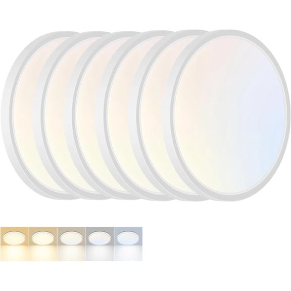 PLUHKN-6 Pack LED Flush Mount Ceiling Light,12Inch 24W,3000K/3500K/4000K/5000K/6500K 5 Color Temperatures Ceiling Light Fixture for Kitchen Porch Hallway Bedroom Bathroom,White