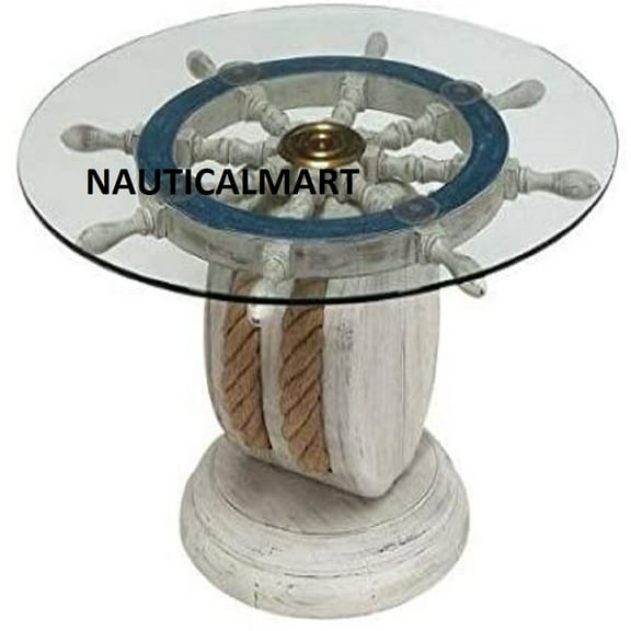 NauticalMart unique teak wood ship wheel round coffee table 36''