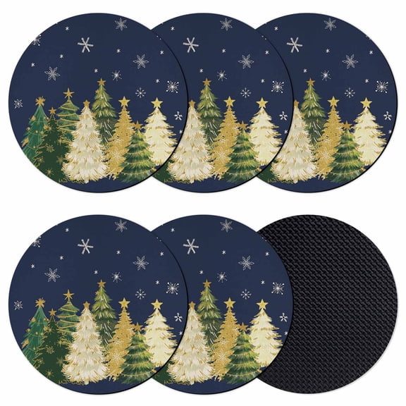 Navy Blue Christmas Tree Coasters Set of 6, Absorbent Coasters for Drinks, Xmas Tree Winter Snowflake Coaster for Desk Coffee Table Protection, Home Decor House Warming Gifts 4"