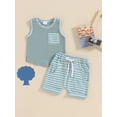 thumbnail image 3 of Aojekbee Toddler Boys Summer Outfits Pocket Sleeveless Tank Tops and Stripe Elastic Waist Shorts 2Pcs Clothes Set, 3 of 10