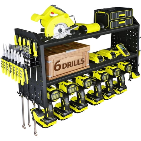 Power Tool Organizer,Large 6 Drill Holder Wall Mount,Heavy Duty Metal Tool Shelf with 2 Side Pegboards,Cordless Drill Holder and Battery Shelves,Storage Rack for Garage Organization - Black