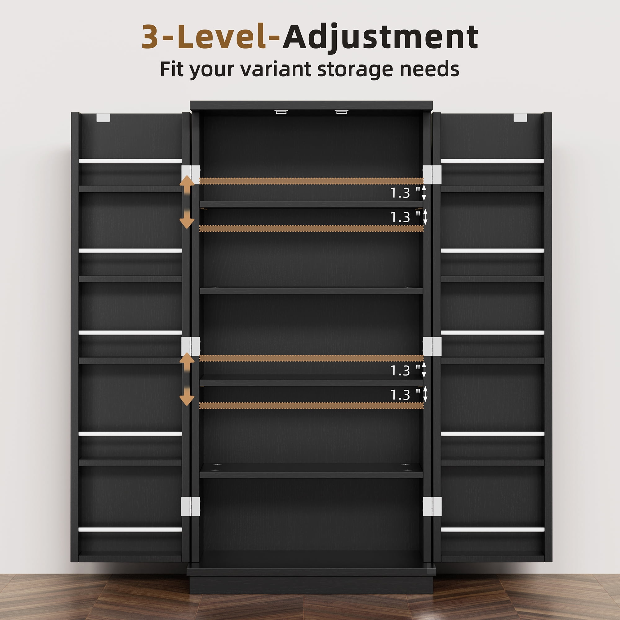 Walsunny Pantry Food Storage Cabinet 47" Free Standing Craft Cupboard with Doors Adjustable Shelves for Kitchen Entryway Dining Room Bathroom Black