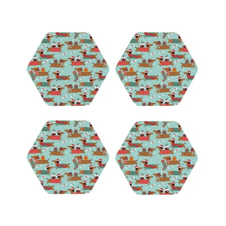 

Yiaed Dachshund Christmas Play Print Leather Coasters for Drinks - Cup Coasters Coffee Table Kitchen Table Bar Home & Office Gifts Handmade Drink Coasters-Hexagon