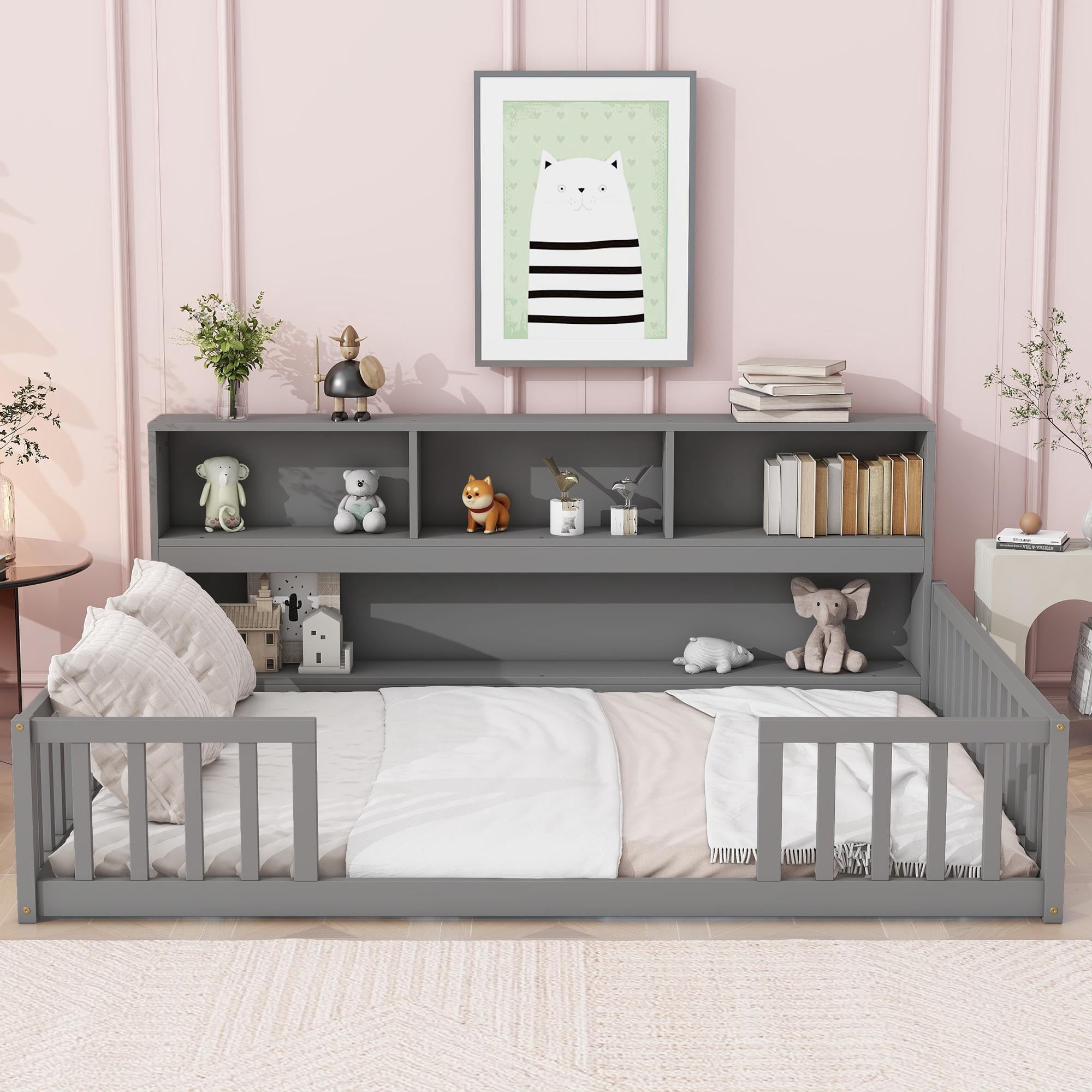 PORKISS Standard Pine Wood Floor Bed Frame with Bookcase and Fence, Full