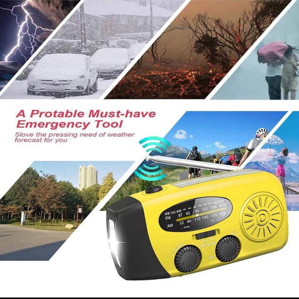Radio meteorológica portátil de emergencia, 1000 mAh, radio de emergencia con manivela solar con linterna LED, alarma SOS, radio de manivela para emergencias al aire libre