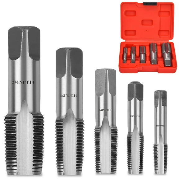 5-Piece NPT Pipe Tap Set, Precision Carbon Steel NPT Tap Set for Clean Accurate Threads, 3/4", 1/2", 3/8", 1/4", 1/8" NPT Tap, Perfect for Plumbers Mechanics DIYers, with Durable Plastic Case