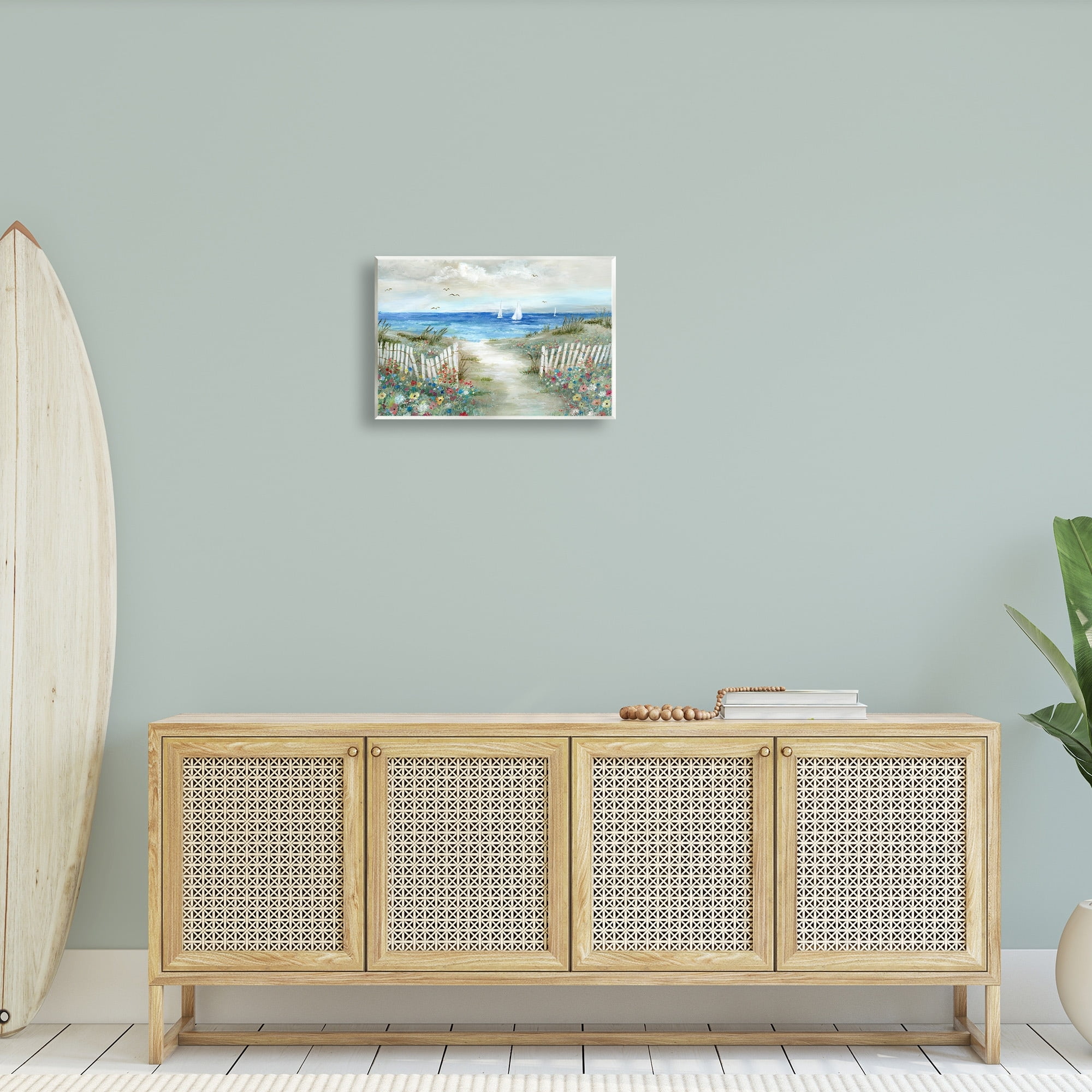 Stupell Industries Gorgeous Beach Scene Poppies Blooming White Fence Ocean Paintings Unframed Art Print Wall Art, 19x13, by Nan