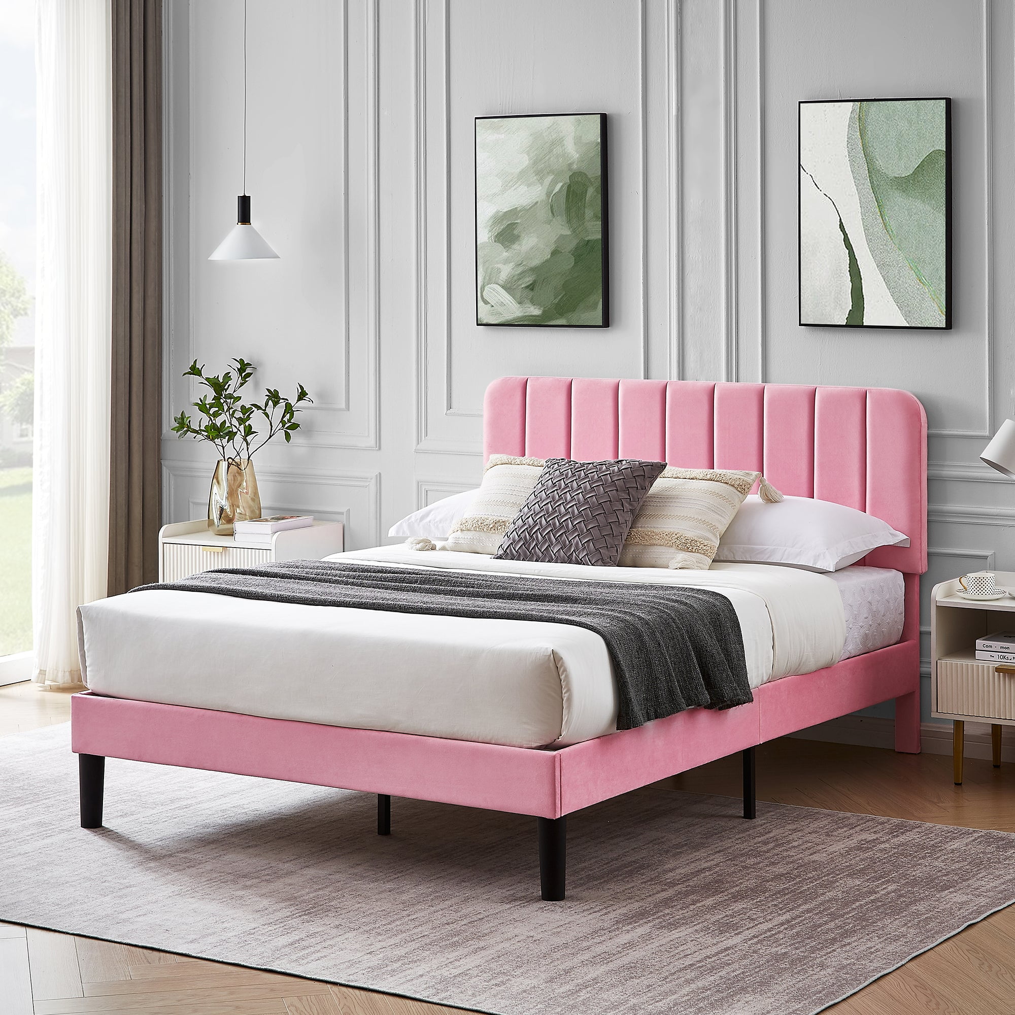 Taomika, Queen Size Upholstered Platform Bed Frame with Adjustable Headboard-Pink