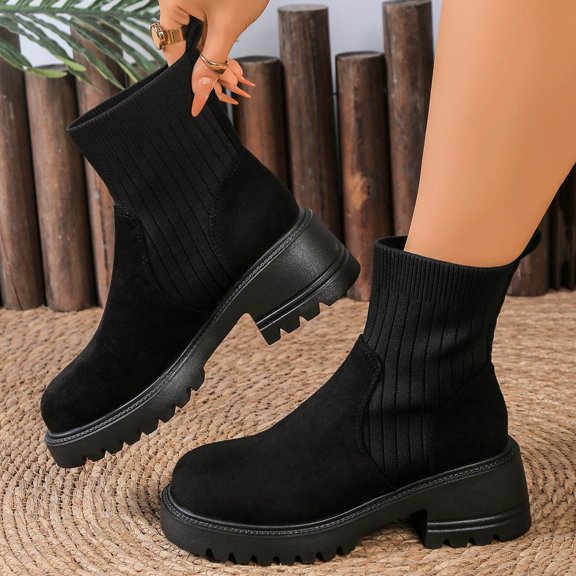 Taylonsss Women's Chunkys Heel Round Toe Ankle Boots with Knit Patchwork for Fall and Winter Comfortable Pull-On Style with All-Day Comfort