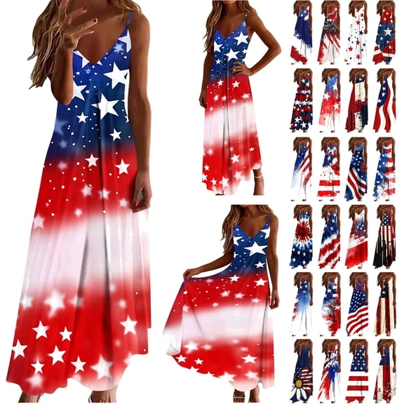 Feancey Womens American Flag Dresses V Neck Spaghetti Strap Beach Sundress 4th of July Novelty Printed Maxi Dresses Flowy Patriotic Dress Multicolor S