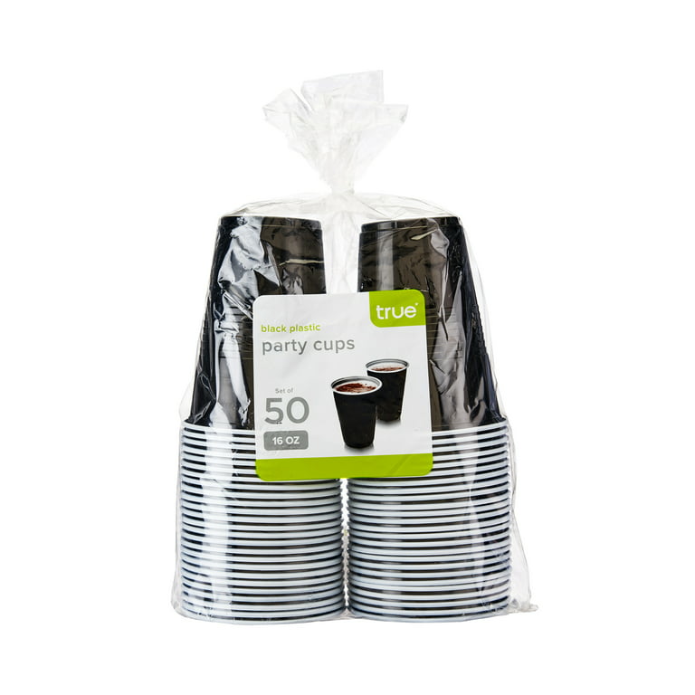 True Black Party Cups, Disposable Cups, Drink Cups for Cocktails and Beer,  16 Ounce Capacity, Plastic, Black, Set of 50