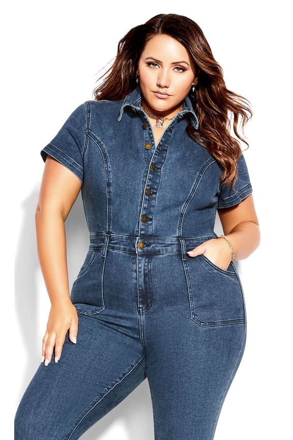 Women's Plus Size Denim Flare Jumpsuit Short Sleeve Collared Neckline